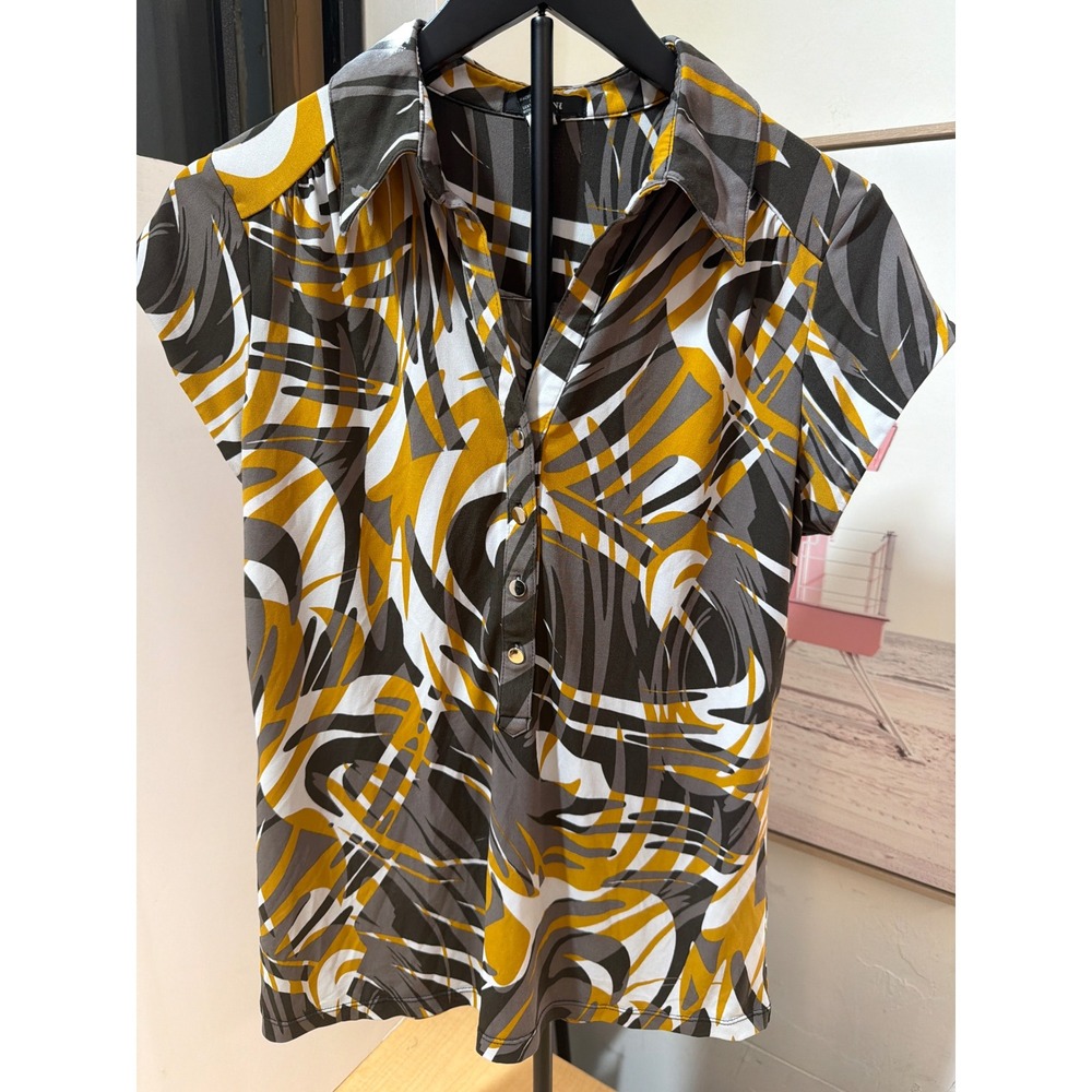 Alfani Womens Petite Abstract Geometric Print Short Sleeve Button Front Blouse M - Picture 1 of 4